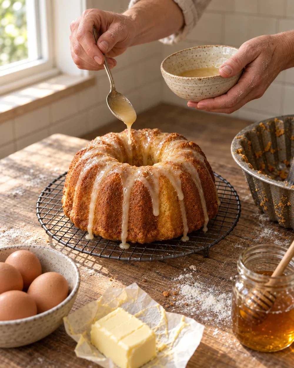 Baker lovingly preparing fresh bundt cakes in a warm kitchen