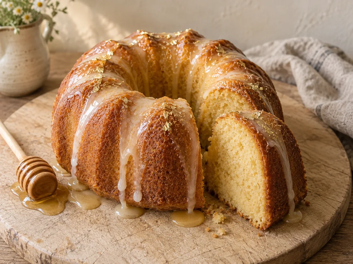 Classic vanilla bundt cake with honey glaze drizzle