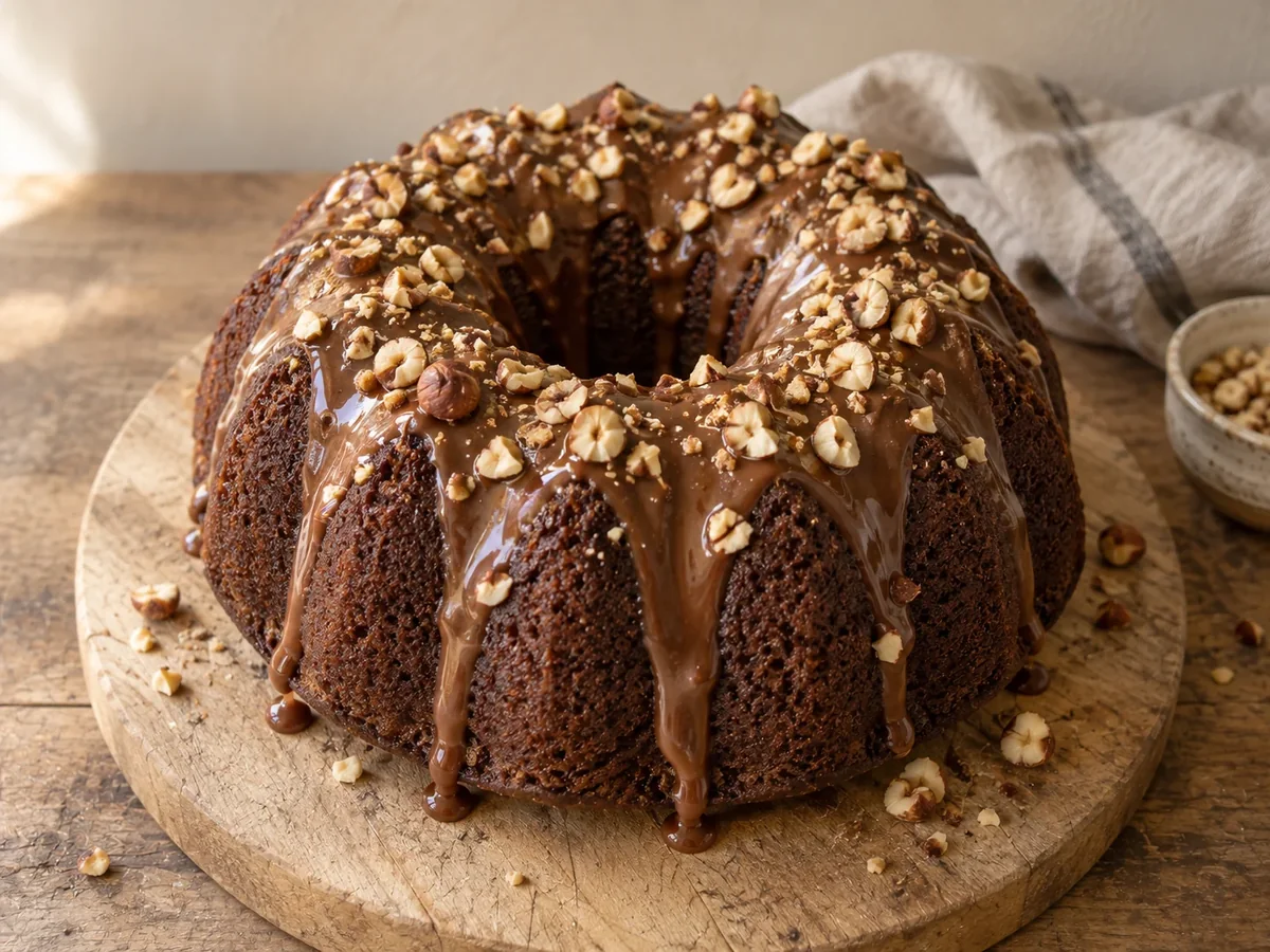 Rich chocolate bundt cake with hazelnut drizzle