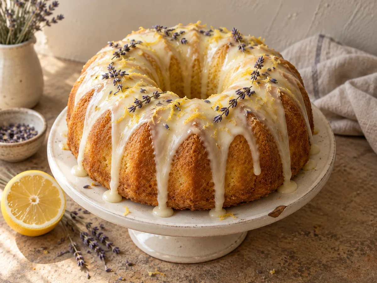 Lemon lavender bundt cake with purple sprigs