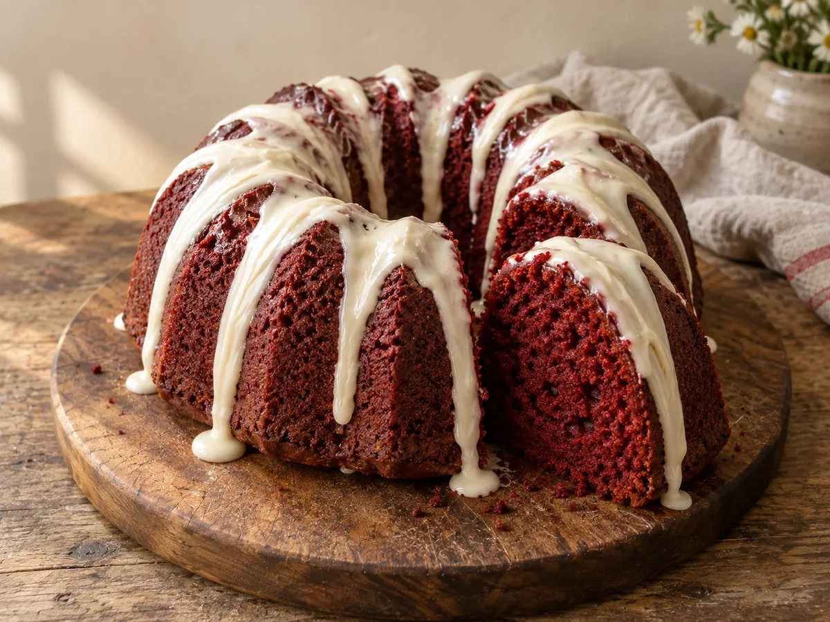 Red velvet bundt cake with cream cheese frosting