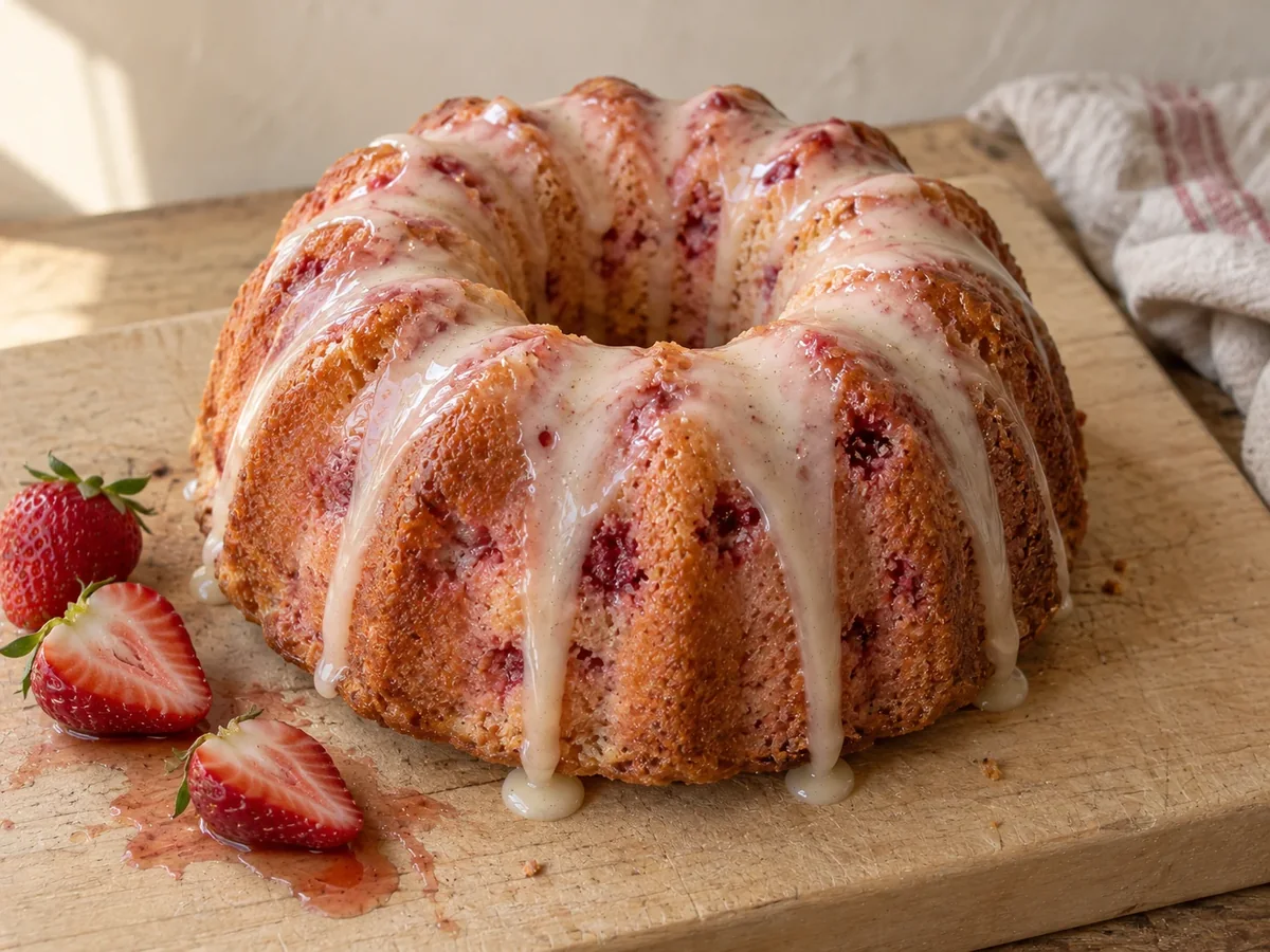 Strawberry bundt cake with fresh berry glaze