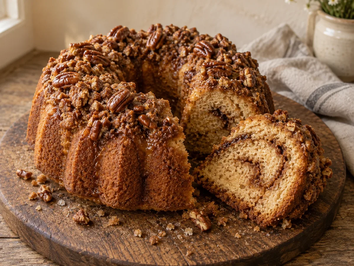 Cinnamon pecan bundt cake with brown sugar crumble