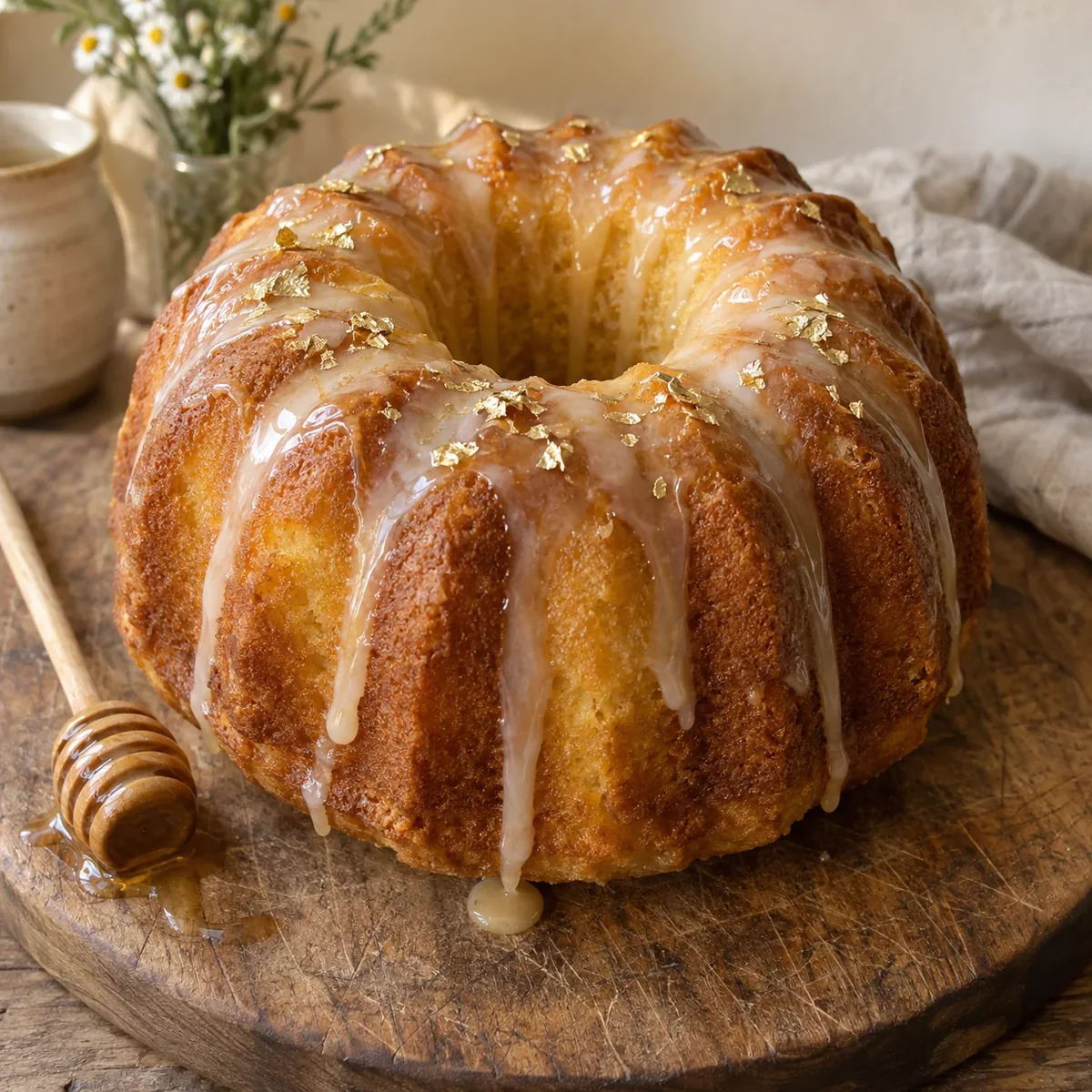 Beautiful Bundt cake with honey glaze on a rustic wooden board